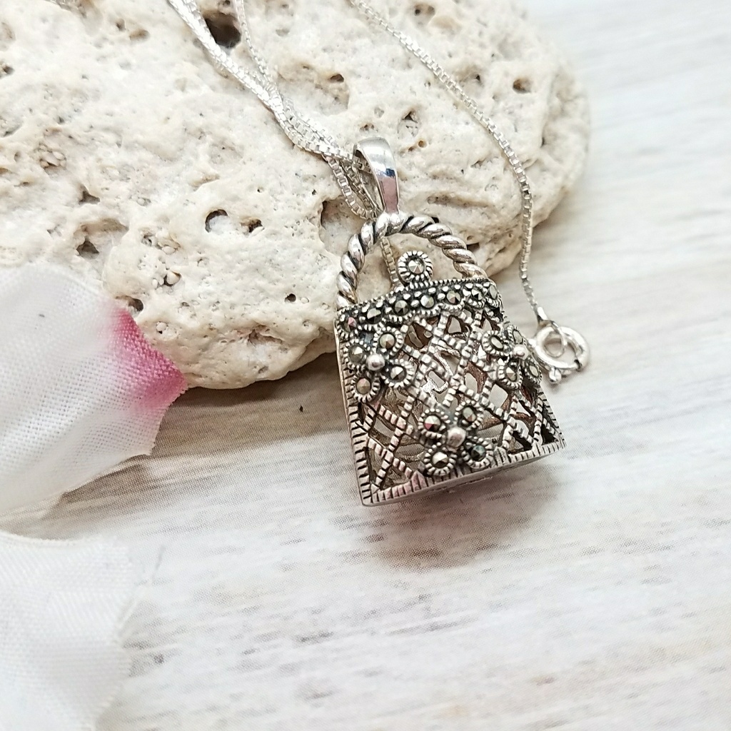 Sterling Silver Marcasite Purse Pendant And Chain